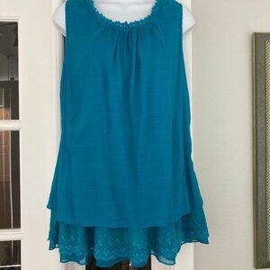 Indigo Soul Turquoise Sleeveless Three Tiered Bohemian Tunic Blouse Medium